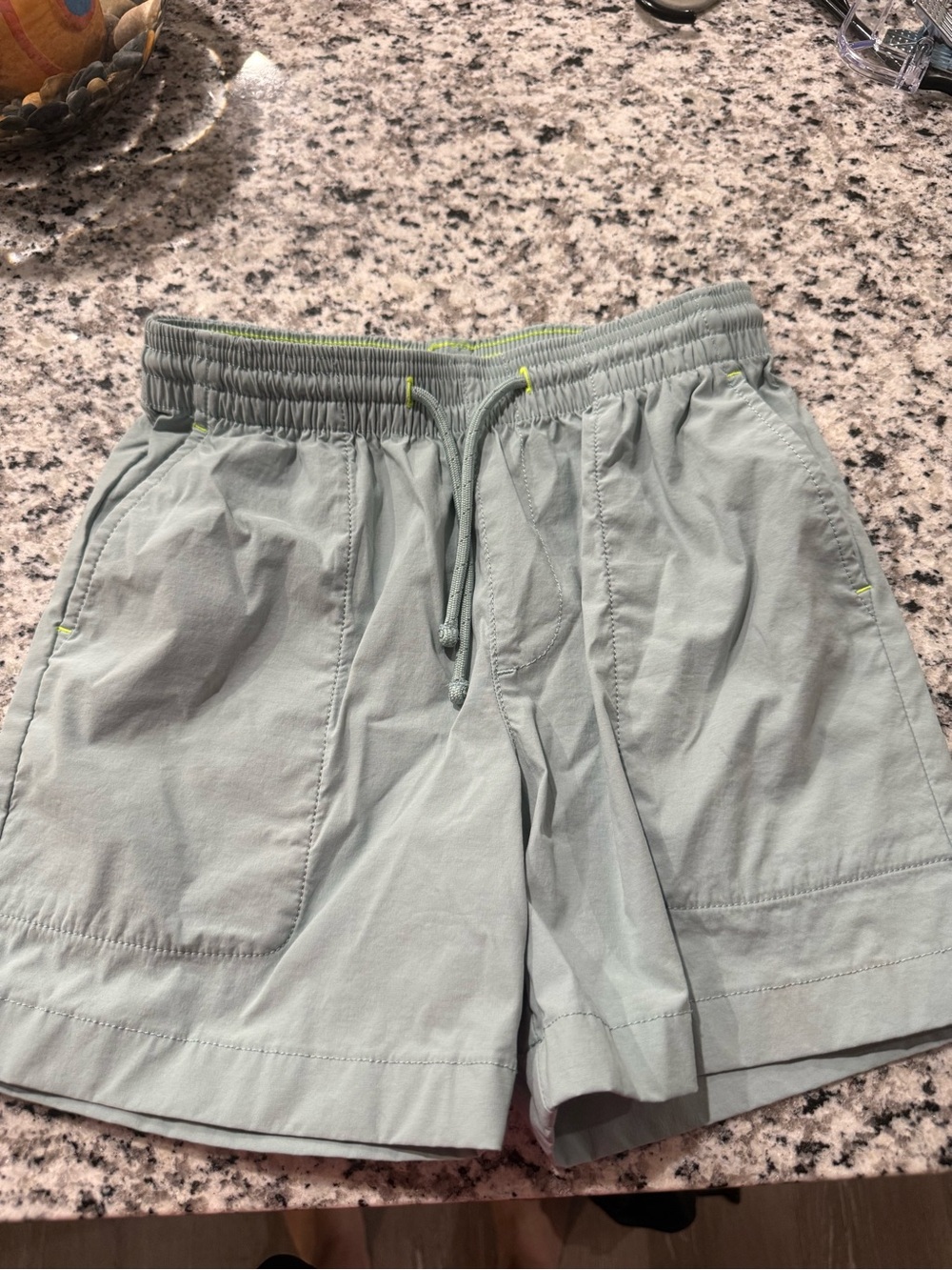 Crewcuts Light Sage Shorts with Neon Lime Stitching